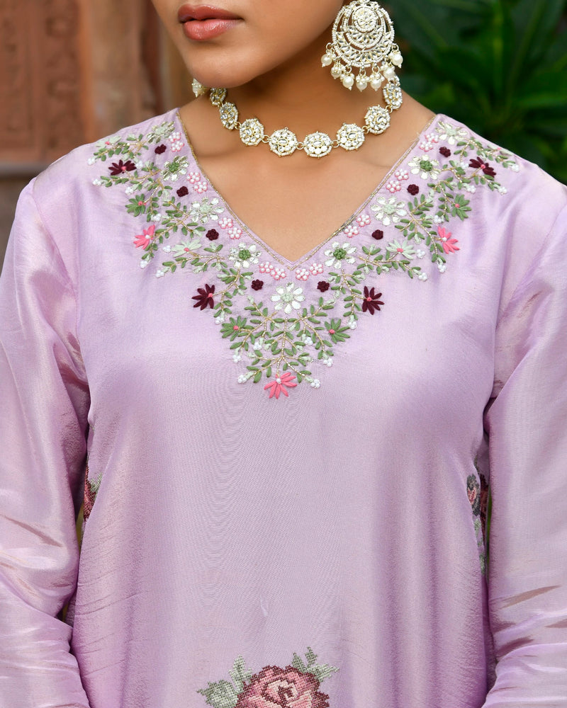 Women Tissue Silk emboidered suit set with solid pant & solid embroidered dupatta