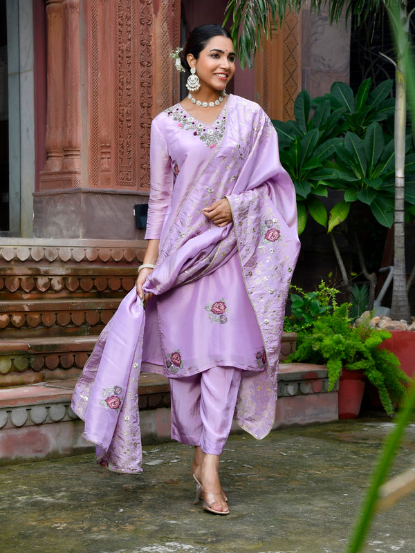 Women Tissue Silk emboidered suit set with solid pant & solid embroidered dupatta