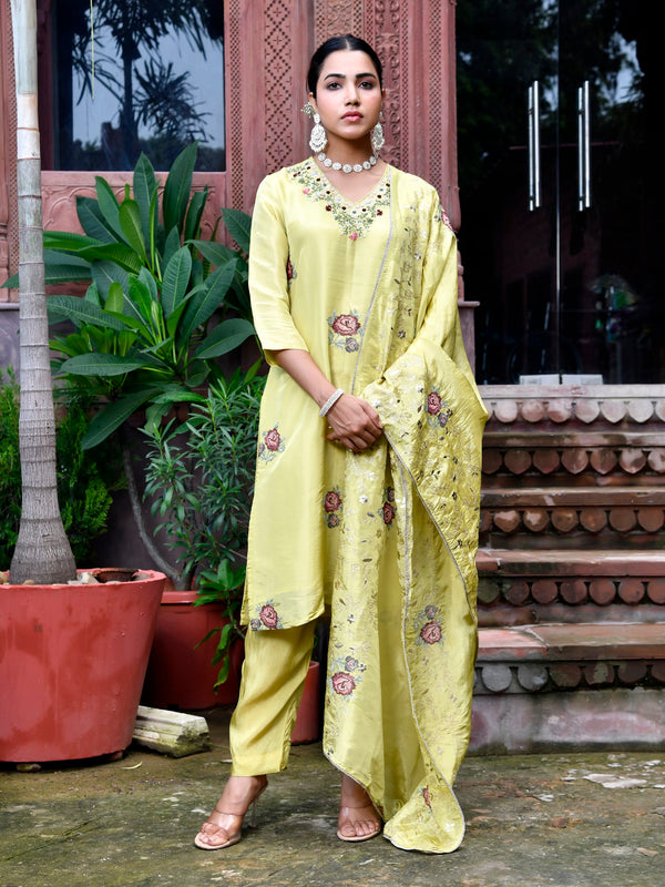 Women Tissue Silk emboidered suit set with solid pant & solid embroidered dupatta