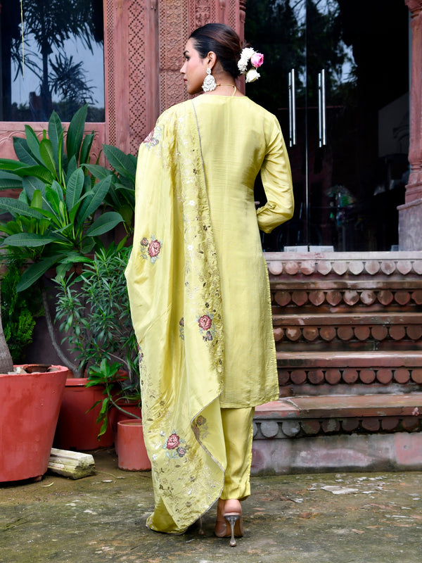 Women Tissue Silk emboidered suit set with solid pant & solid embroidered dupatta
