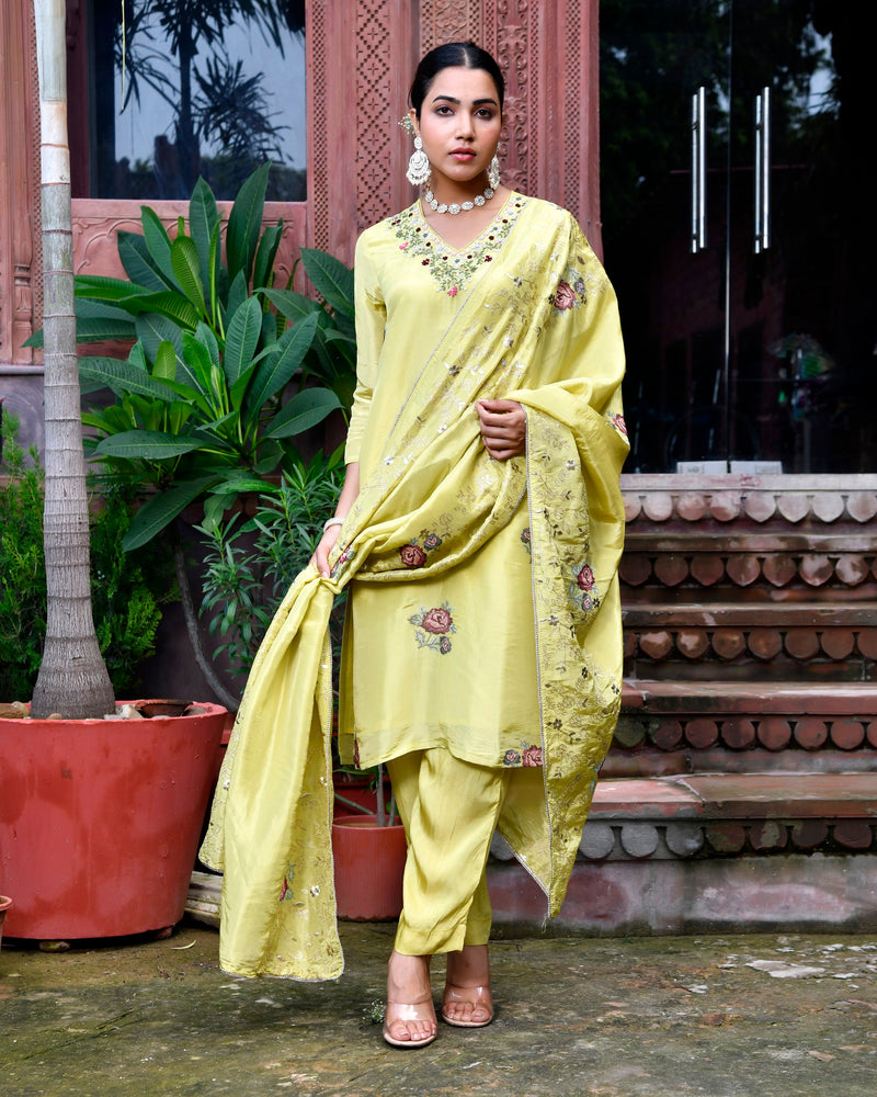 Women Tissue Silk emboidered suit set with solid pant & solid embroidered dupatta