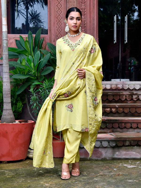 Women Tissue Silk emboidered suit set with solid pant & solid embroidered dupatta