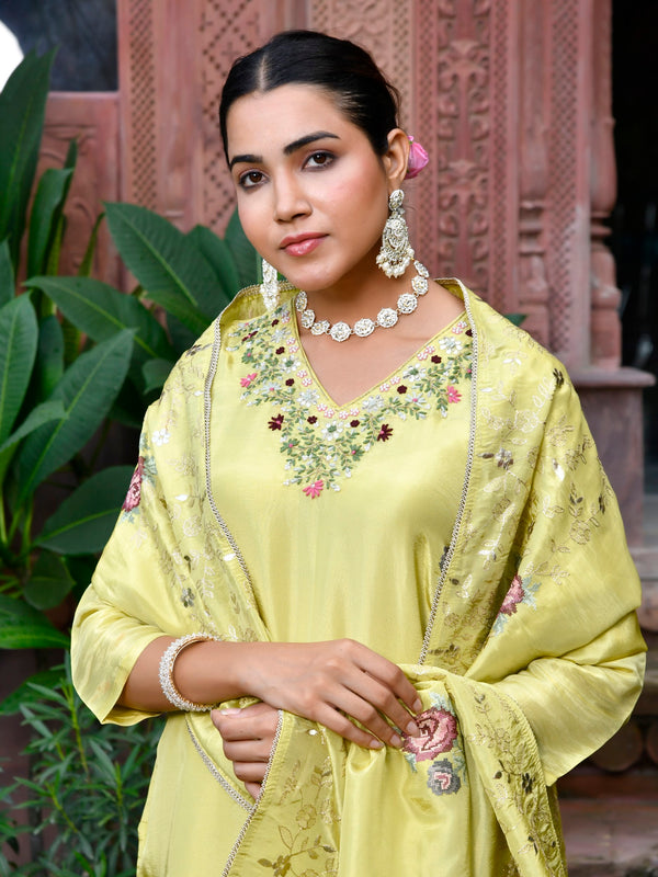 Women Tissue Silk emboidered suit set with solid pant & solid embroidered dupatta