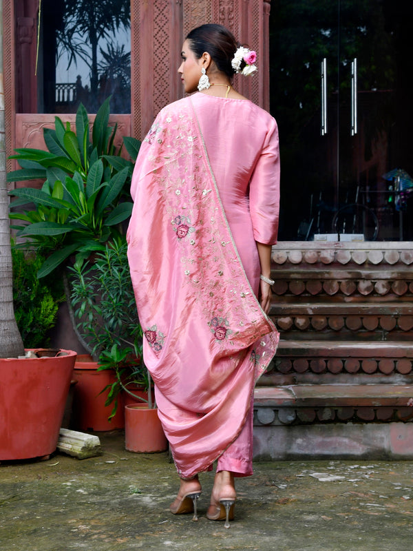 Women Tissue Silk emboidered suit set with solid pant & solid embroidered dupatta