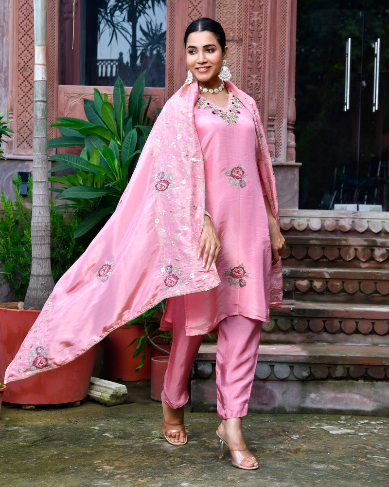 Women Tissue Silk emboidered suit set with solid pant & solid embroidered dupatta