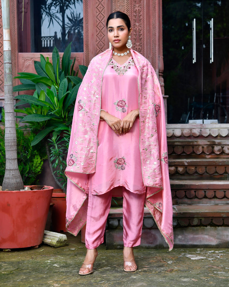 Women Tissue Silk emboidered suit set with solid pant & solid embroidered dupatta