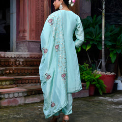 Women Tissue Silk emboidered suit set with solid pant & solid embroidered dupatta