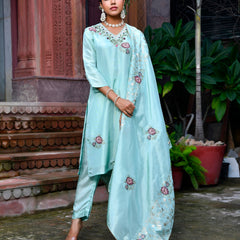Women Tissue Silk emboidered suit set with solid pant & solid embroidered dupatta