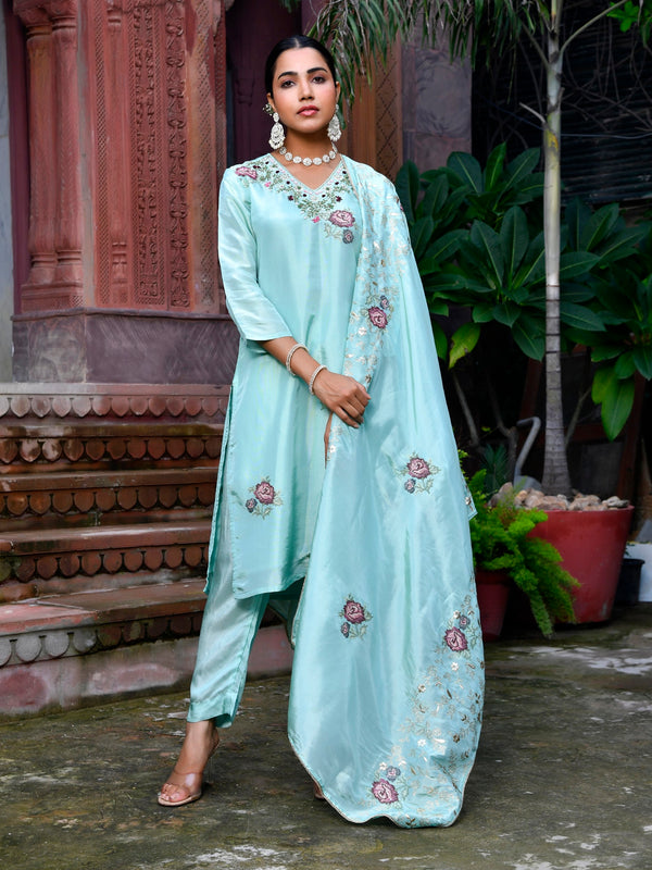 Women Tissue Silk emboidered suit set with solid pant & solid embroidered dupatta