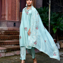 Women Tissue Silk emboidered suit set with solid pant & solid embroidered dupatta