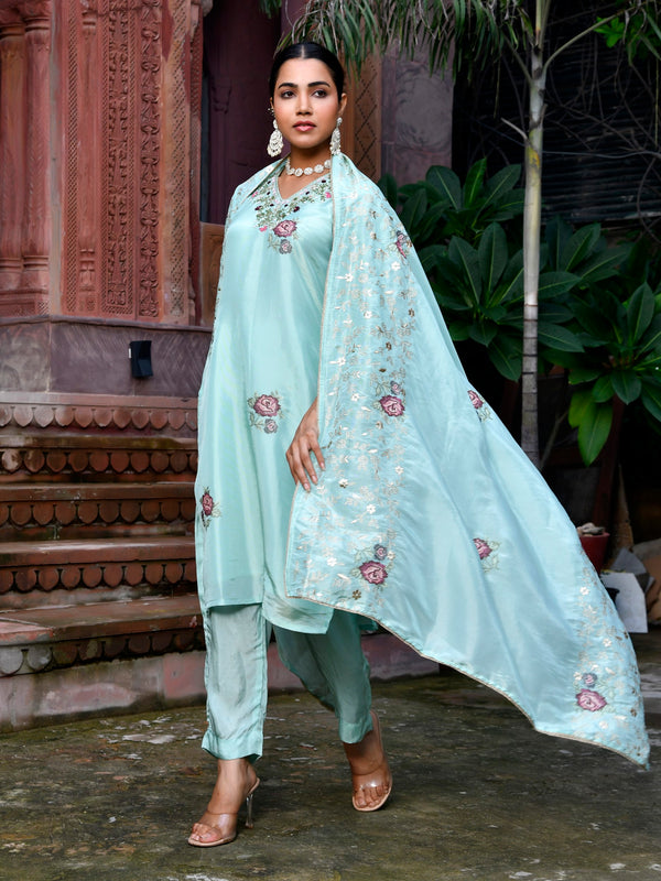 Women Tissue Silk emboidered suit set with solid pant & solid embroidered dupatta