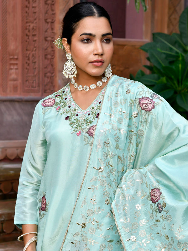 Women Tissue Silk emboidered suit set with solid pant & solid embroidered dupatta