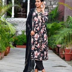 Women chinon emboidered angrakha anarkali set with solid pant & solid embroidered dupatta