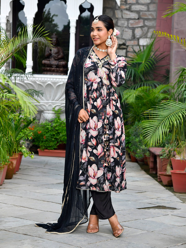 Women chinon emboidered angrakha anarkali set with solid pant & solid embroidered dupatta