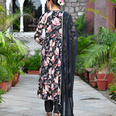 Women chinon emboidered angrakha anarkali set with solid pant & solid embroidered dupatta