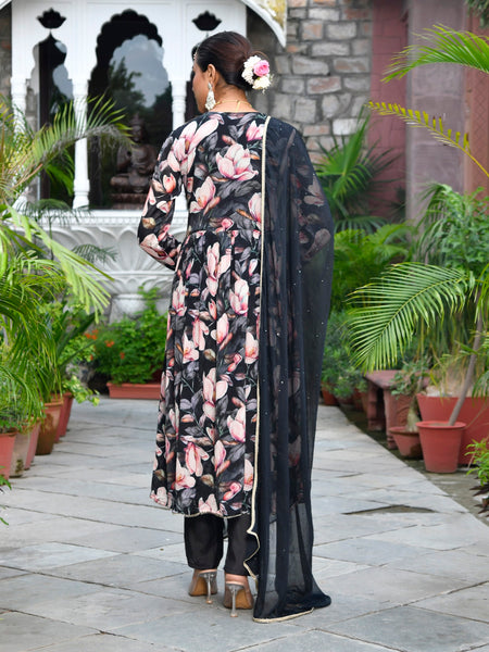 Women chinon emboidered angrakha anarkali set with solid pant & solid embroidered dupatta