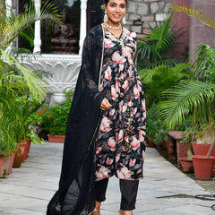 Women chinon emboidered angrakha anarkali set with solid pant & solid embroidered dupatta