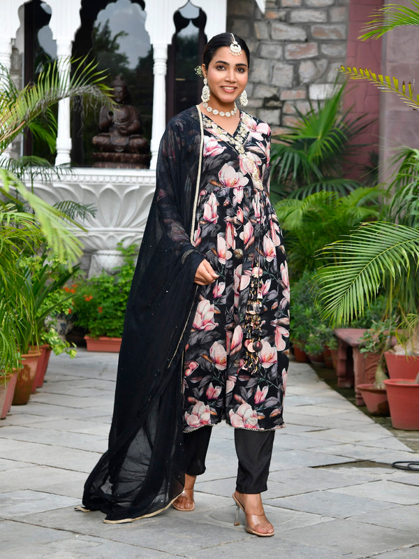 Women chinon emboidered angrakha anarkali set with solid pant & solid embroidered dupatta
