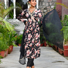 Women chinon emboidered angrakha anarkali set with solid pant & solid embroidered dupatta