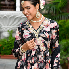 Women chinon emboidered angrakha anarkali set with solid pant & solid embroidered dupatta