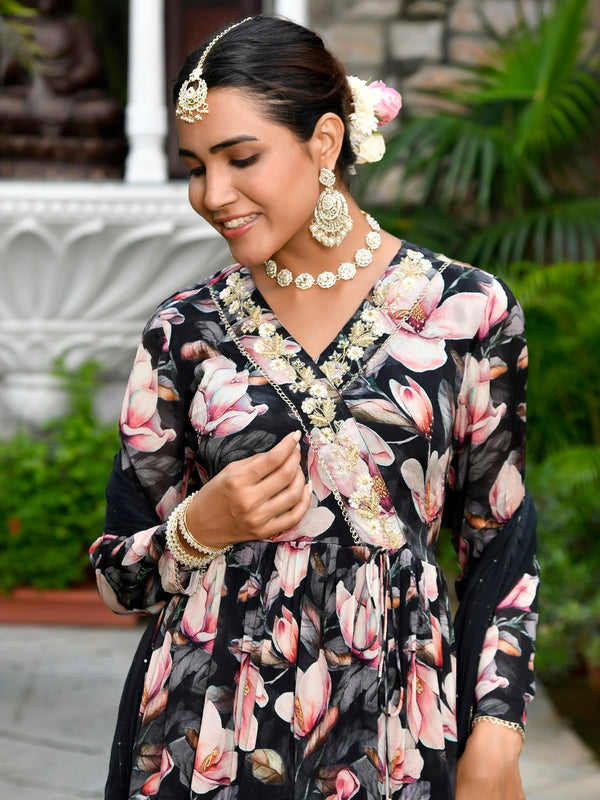 Women chinon emboidered angrakha anarkali set with solid pant & solid embroidered dupatta