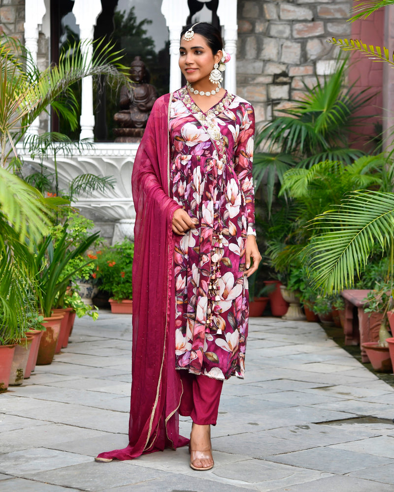 Women chinon emboidered angrakha anarkali set with solid pant & solid embroidered dupatta