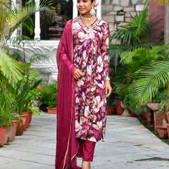 Women chinon emboidered angrakha anarkali set with solid pant & solid embroidered dupatta