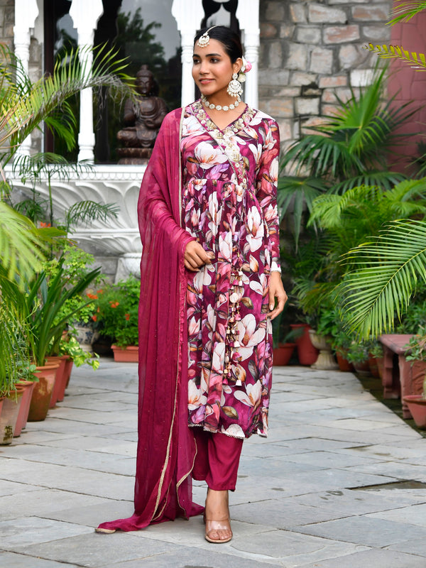 Women chinon emboidered angrakha anarkali set with solid pant & solid embroidered dupatta