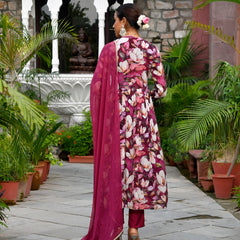Women chinon emboidered angrakha anarkali set with solid pant & solid embroidered dupatta