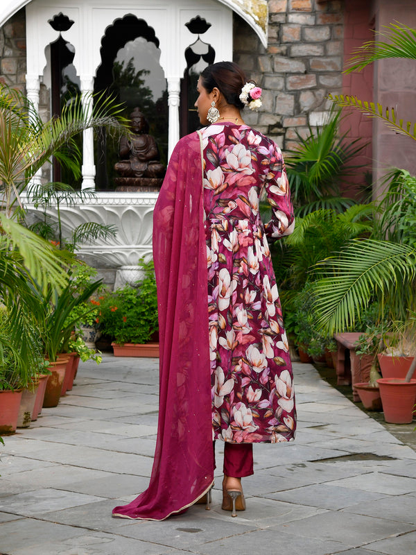 Women chinon emboidered angrakha anarkali set with solid pant & solid embroidered dupatta