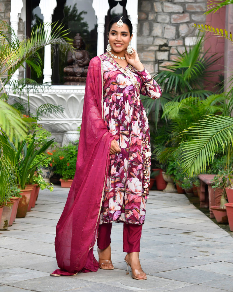 Women chinon emboidered angrakha anarkali set with solid pant & solid embroidered dupatta