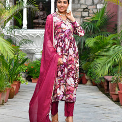 Women chinon emboidered angrakha anarkali set with solid pant & solid embroidered dupatta