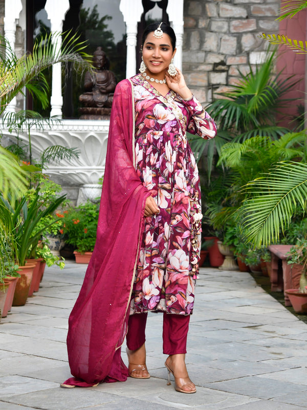 Women chinon emboidered angrakha anarkali set with solid pant & solid embroidered dupatta