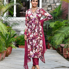 Women chinon emboidered angrakha anarkali set with solid pant & solid embroidered dupatta