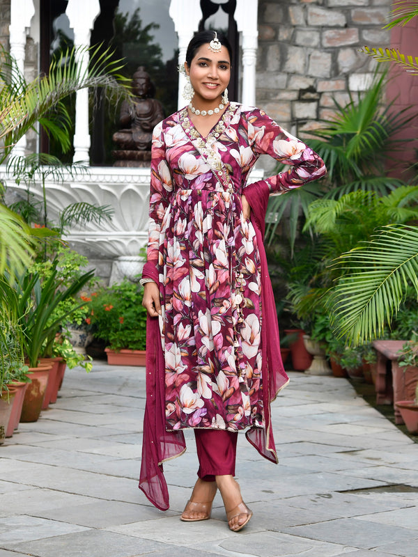 Women chinon emboidered angrakha anarkali set with solid pant & solid embroidered dupatta