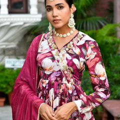 Women chinon emboidered angrakha anarkali set with solid pant & solid embroidered dupatta