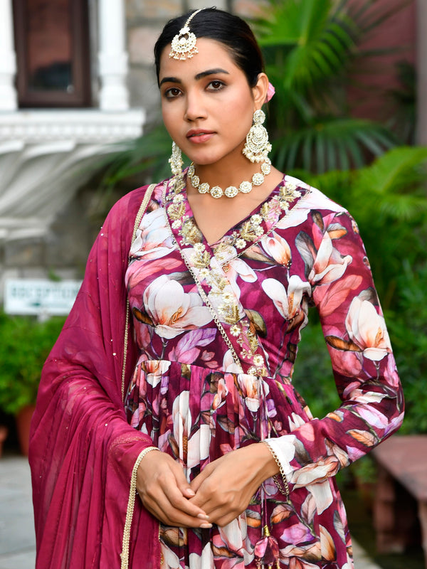 Women chinon emboidered angrakha anarkali set with solid pant & solid embroidered dupatta