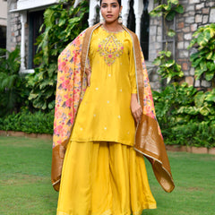 Women silk emboidered solid sharara set & digital printed dupatta