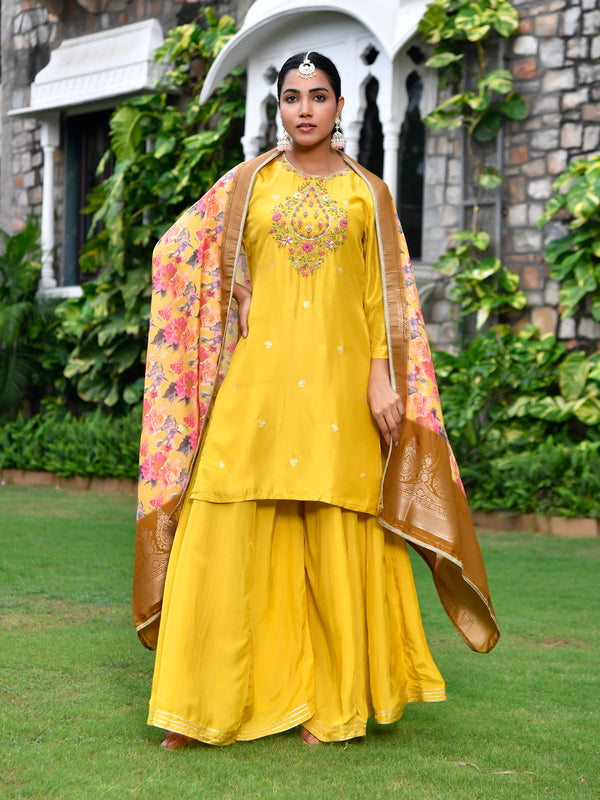 Women silk emboidered solid sharara set & digital printed dupatta