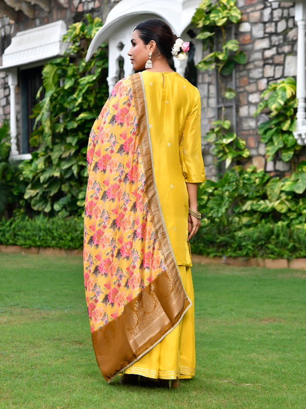 Women silk emboidered solid sharara set & digital printed dupatta