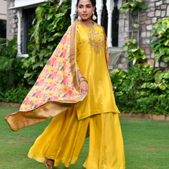 Women silk emboidered solid sharara set & digital printed dupatta