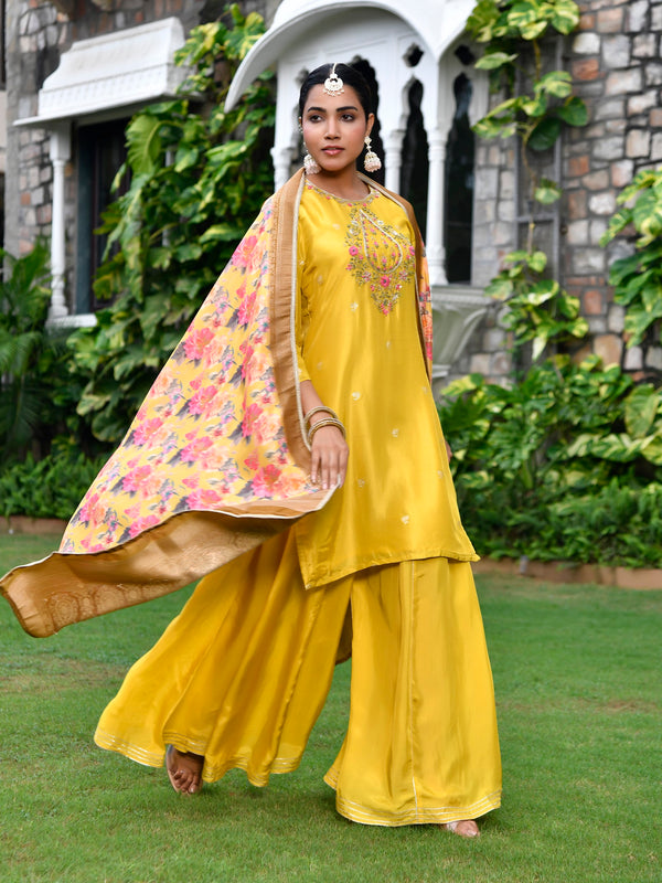 Women silk emboidered solid sharara set & digital printed dupatta