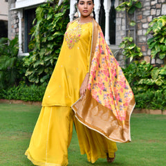 Women silk emboidered solid sharara set & digital printed dupatta