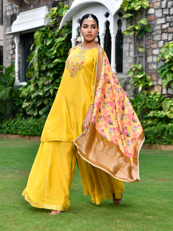 Women silk emboidered solid sharara set & digital printed dupatta