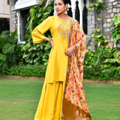 Women silk emboidered solid sharara set & digital printed dupatta