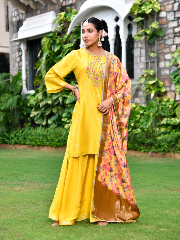 Women silk emboidered solid sharara set & digital printed dupatta