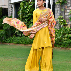Women silk emboidered solid sharara set & digital printed dupatta