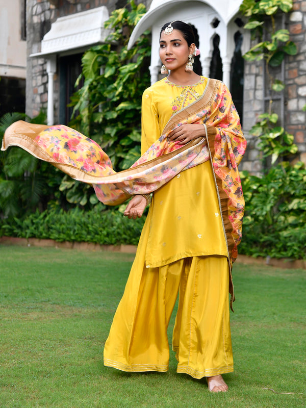 Women silk emboidered solid sharara set & digital printed dupatta