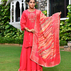 Women silk emboidered solid sharara set & digital printed dupatta