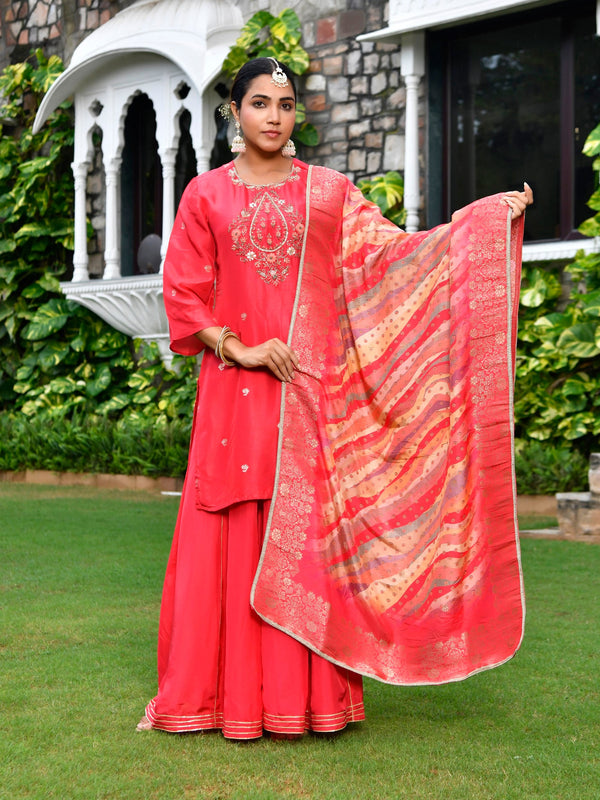 Women silk emboidered solid sharara set & digital printed dupatta